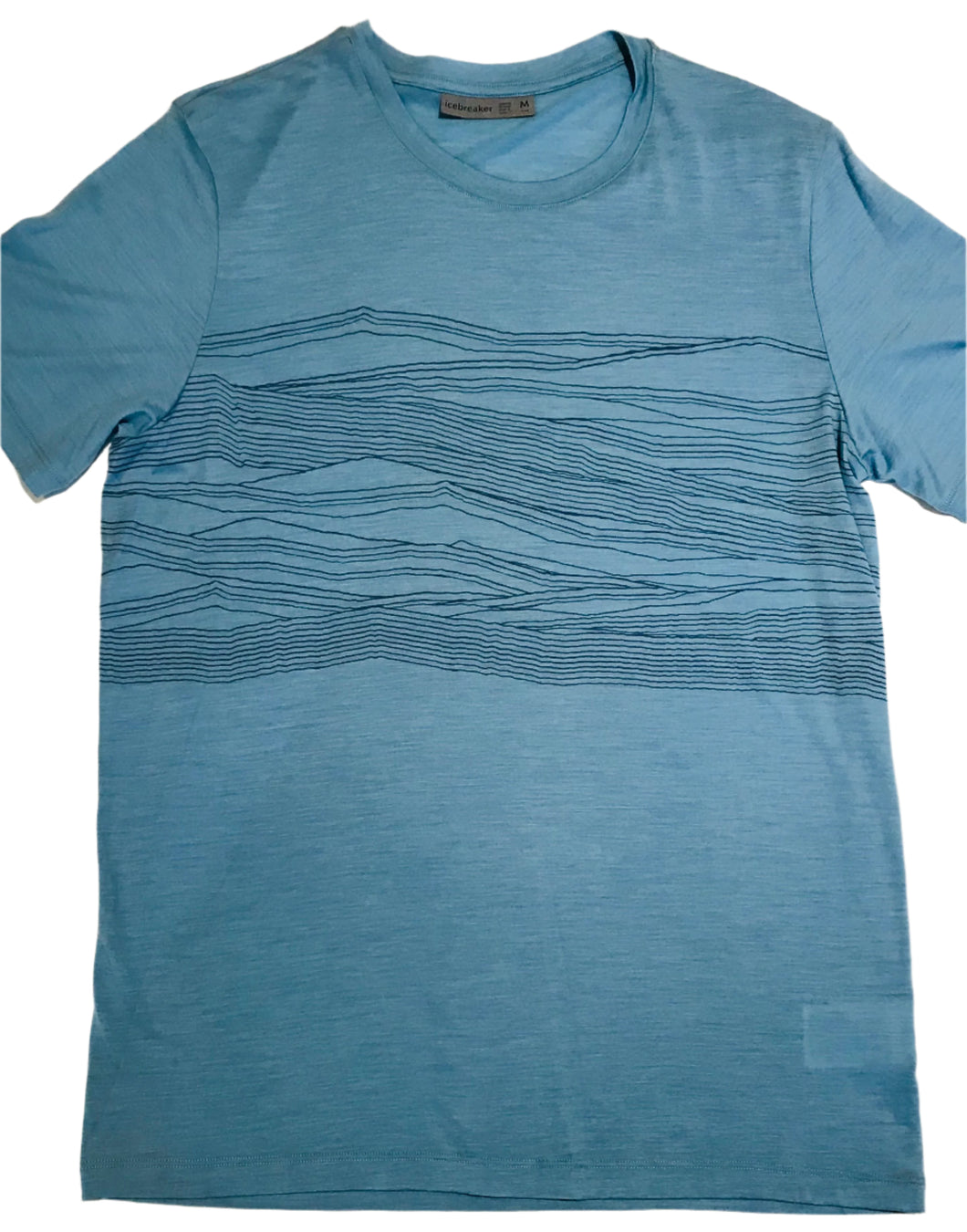 Icebreaker Men's Blue Merino Wool Tee Shirt with Lines in what is described as a waterfall pattern