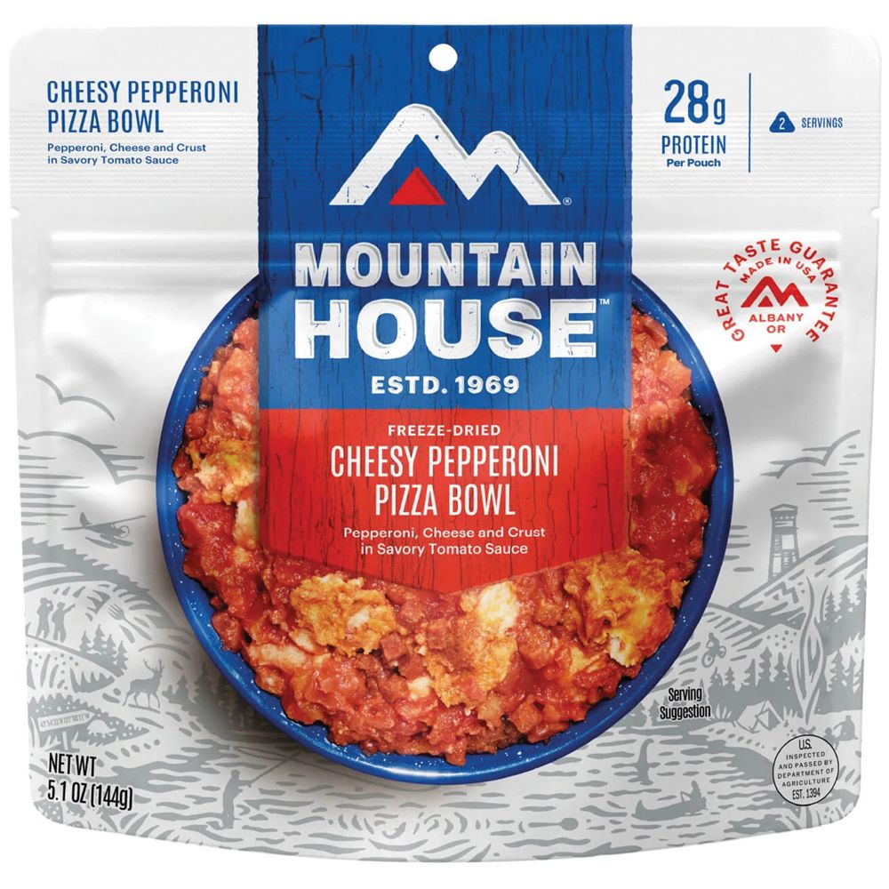 Mountain House Cheesy Pepperoni Pizza Bowl with 28 grams of protein
