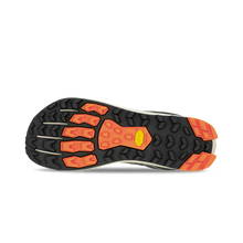 Bottom view of the Altra Men's Lone Peak 9 with a orange and black vibram sole
