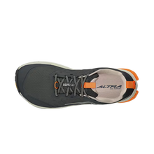 Top view of the Altra Men's Lone Peak 9+ in dark gray with orange high lights on a white background
