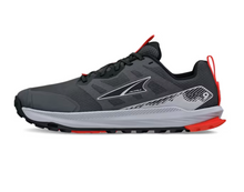 Altra Lone Peak 9 for Men with a dark gray upper, light gray sole, with a couple highlights of orange for the pull taps and on the sole.