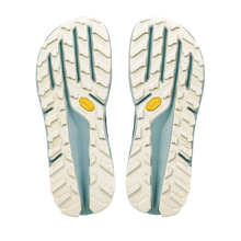 Altra Men's Olympus 275 HiLo full Vibram sole that is white with big lugs on a light blue foam sole. 