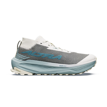 Altra Men's Olympus 275 HiLo with EcoMax foam midsole. High cushioned trail running shoe with light blue sole, gray upper, with white hightlights.