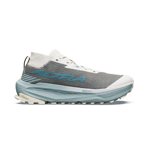 Altra Men's Olympus 275 HiLo with EcoMax foam midsole. High cushioned trail running shoe with light blue sole, gray upper, with white hightlights.