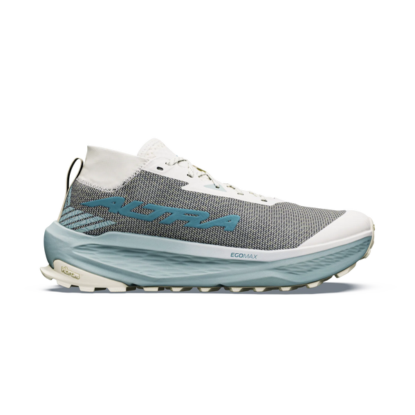 Altra Men's Olympus 275 HiLo with EcoMax foam midsole. High cushioned trail running shoe with light blue sole, gray upper, with white hightlights.