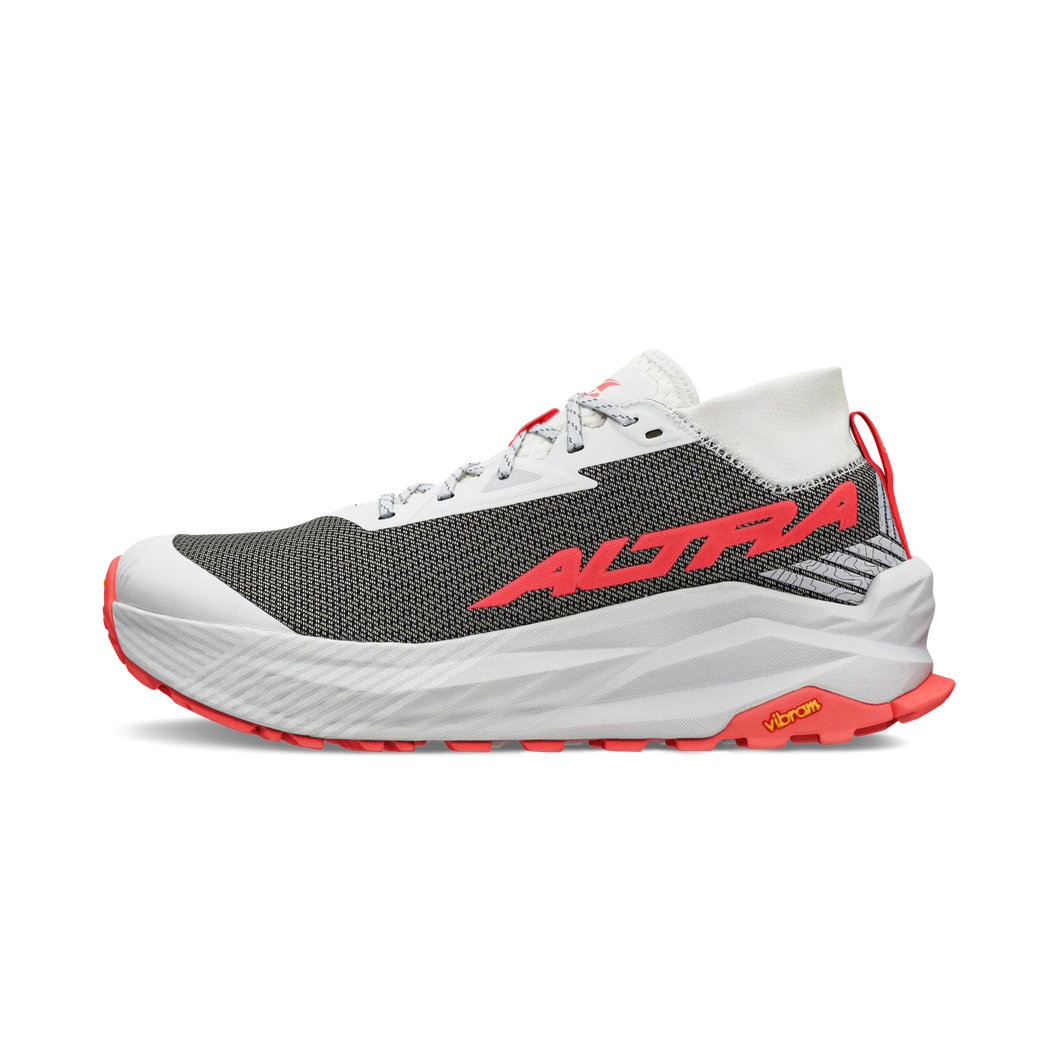 Altra Men's Olympus 275 cushioned hiking shoe shown in white coral with grayish upper and coral colored sole on a white background