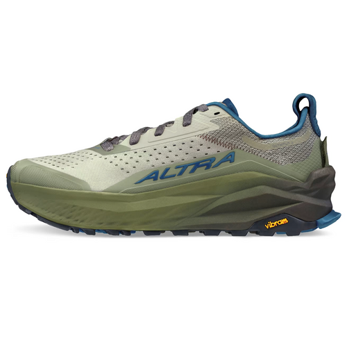 The Altra Men's Olympus 6 padded hiking shoe with light green on top and darker green soul with blue accents
