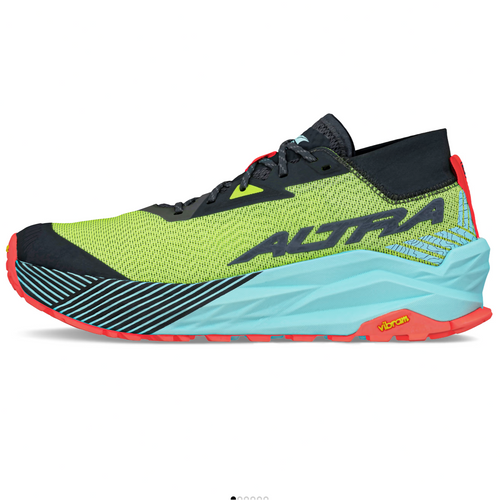 Altra Men's Olympus 275 in bright green and black with a blue outsole max cushion hiking shoe