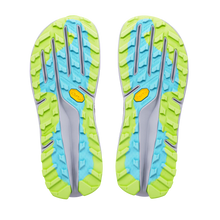 Altra Women's Olympus 275 HiLo shoe shown as a pair looking at the sole of the Vibram trail running shoes, featuring a bright lime green and light blue tread pattern with a central gray heel and a small yellow Vibram logo.