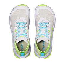 Altra Women's Olympus 275 HiLo cushioned running shoes shown from a top-down view, featuring a white mesh upper, light blue laces, and neon green accents on a solid white background.