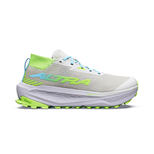 Altra Women's Olympus 275 HiLo single running shoe shown in a side profile view against a plain white background. The shoe features a light gray mesh upper, a thick white midsole, and vibrant neon green and light blue accents on the collar, logo, and outsole.