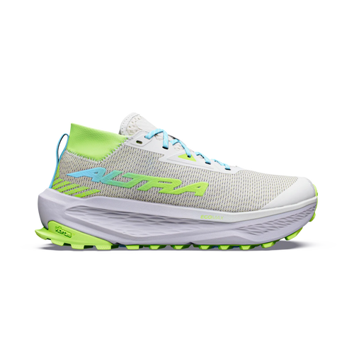 Altra Women's Olympus 275 HiLo single running shoe shown in a side profile view against a plain white background. The shoe features a light gray mesh upper, a thick white midsole, and vibrant neon green and light blue accents on the collar, logo, and outsole.