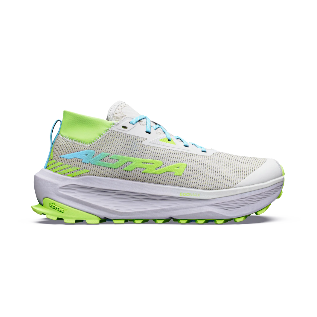 Altra Women's Olympus 275 HiLo single running shoe shown in a side profile view against a plain white background. The shoe features a light gray mesh upper, a thick white midsole, and vibrant neon green and light blue accents on the collar, logo, and outsole.
