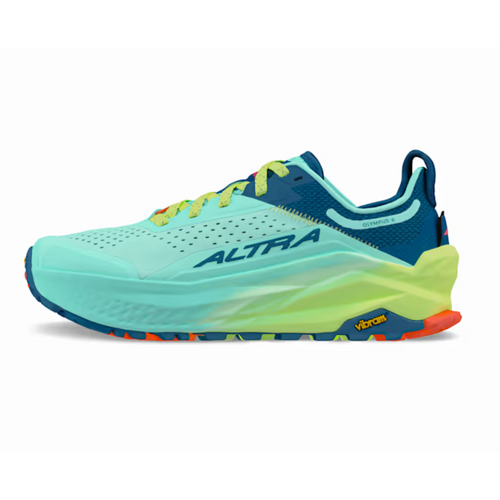 Altra Women's Olympus 6 cushioned hiking shoe with a teal upper and bright green back half of sole and navy blue around the healcup