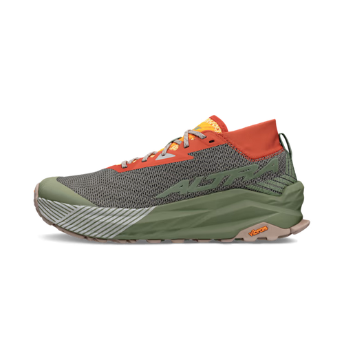 Altra Men's Olympus heavy cushioned trail running shoe with vibram sole shown in a mixed color combination of orange around the healcup, green along the sole, and a gray mesh body on a white background