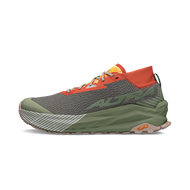 Altra Men's Olympus heavy cushioned trail running shoe with vibram sole shown in a mixed color combination of orange around the healcup, green along the sole, and a gray mesh body on a white background