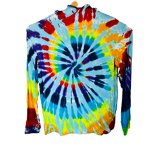 Light blue bamboo sun hoodie with a multicolored tie dye swirl
