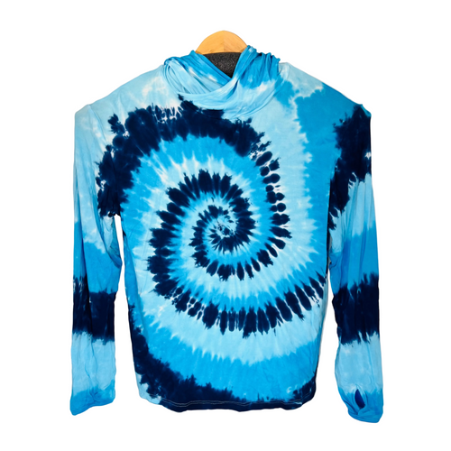 Bamboo Sunhoodie with light blue, medium, and dark blue spiraled hanging with white background