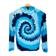 Bamboo Sunhoodie with light blue, medium, and dark blue spiraled hanging with white background