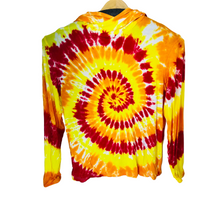 Bamboo Tie Dye Sun Hoodie Swirled with red orange yellow and white on a white background