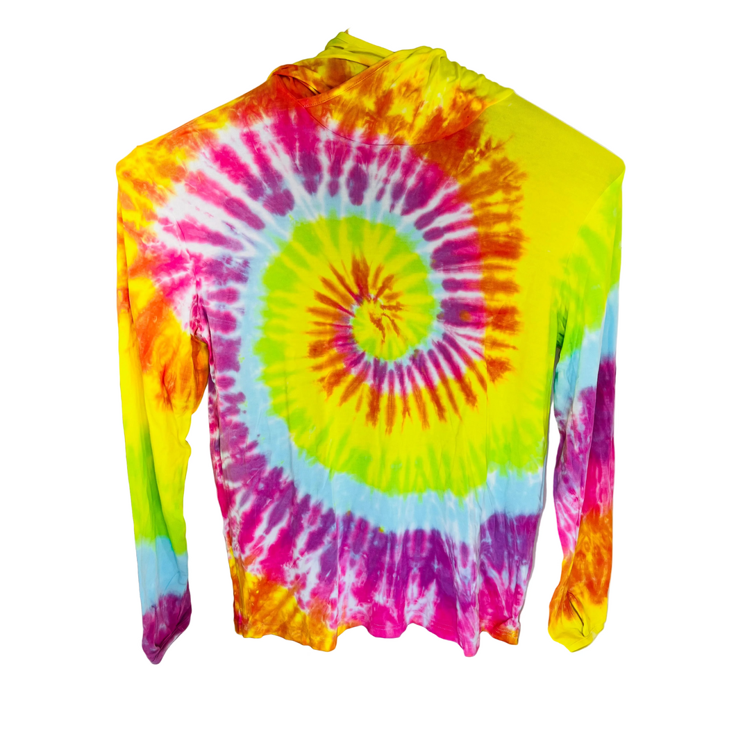Pastel Spiral Tie Dyed Bamboo Sun Hoodie with thumbholes on a white background
