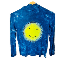 Blue tie-dye hoodie with a yellow smiley face design on a white background