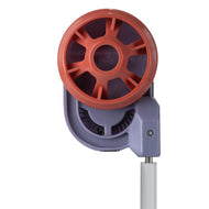 Front view of the Alpenglow Gear mattress pad inflator. Pale red nozzle with purple body