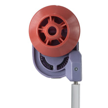 Front view of the Alpenglow Gear mattress pad inflator. Pale red nozzle for Exped pad with purple body