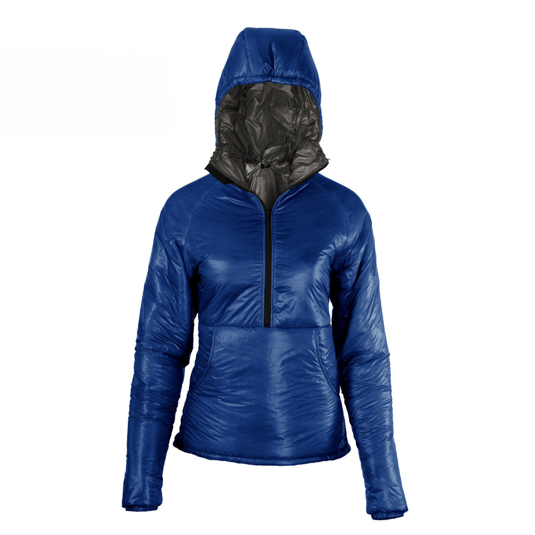 Enlightened Equipment Women's Torrid Pullover in brilliant blue with a dark gray interior on a white background