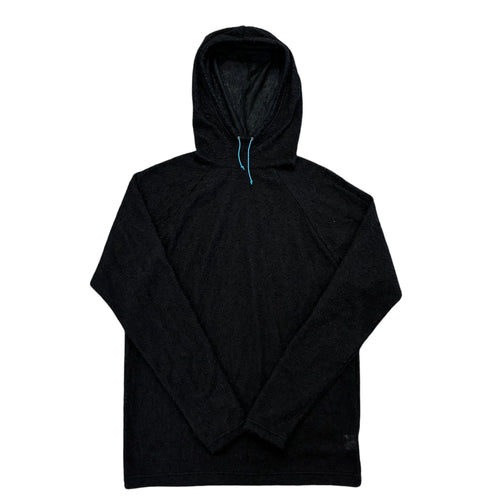 Farpointe TechnoWool Cruiser Hoodie in 60gsm fabric in black with a blue drawstring in the hood shown against a white backbground. 