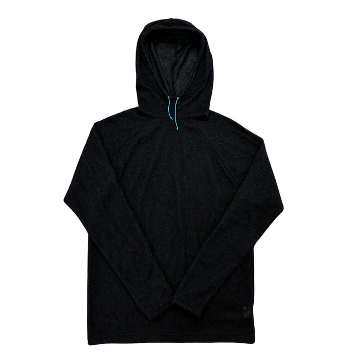 Farpointe TechnoWool Cruiser Hoodie in 60gsm fabric in black with a blue drawstring in the hood shown against a white backbground. 