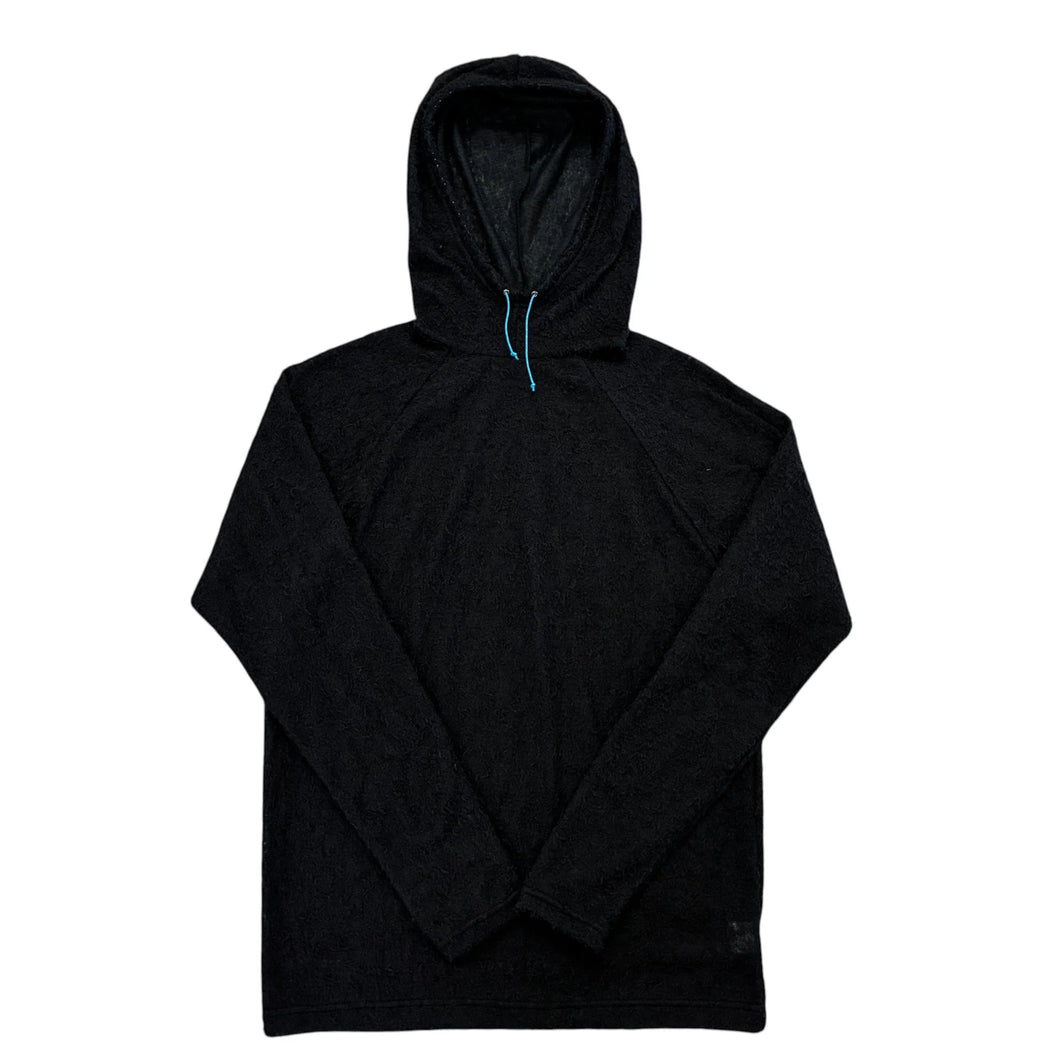 Farpointe TechnoWool Cruiser Hoodie in 60gsm fabric in black with a blue drawstring in the hood shown against a white backbground. 
