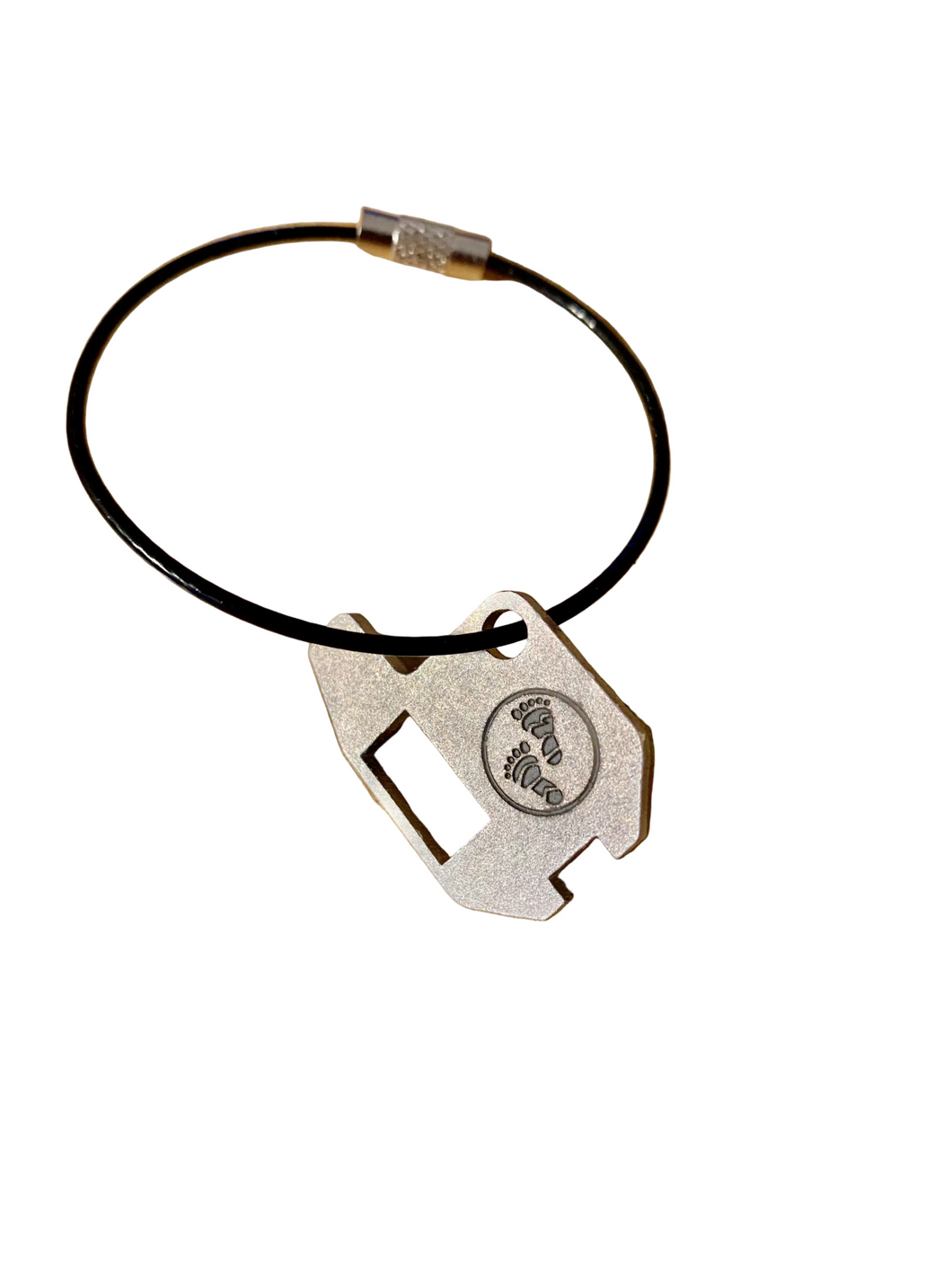 GrizzKey Bear Can Opener compatible with BearVault, Garcia, and Bearikade with a wire loop on a white background