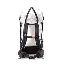 Hyperlite Mountain Gear's Ultralight backpack viewed from the front showing a Y strap over the top. It's predominantly white with black straps and mesh.