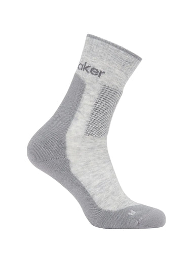 Icebreaker Men's Hike Plus Crew Sock that is light gray on top and dark gray on the back and bottom of the sock on a white background