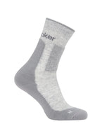 Icebreaker Men's Hike Plus Crew Sock that is light gray on top and dark gray on the back and bottom of the sock on a white background