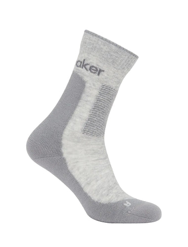 Icebreaker Merino Wool Hike Plus sock with light gray on top and dark gray on the back and bottom of sock shown against a white background