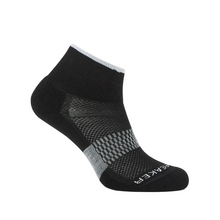 Icebreaker Women's Merino Wool Black sock with gray ribbing in the middle with ventilated fabric on top and icebreaker written across the top of the toe. 