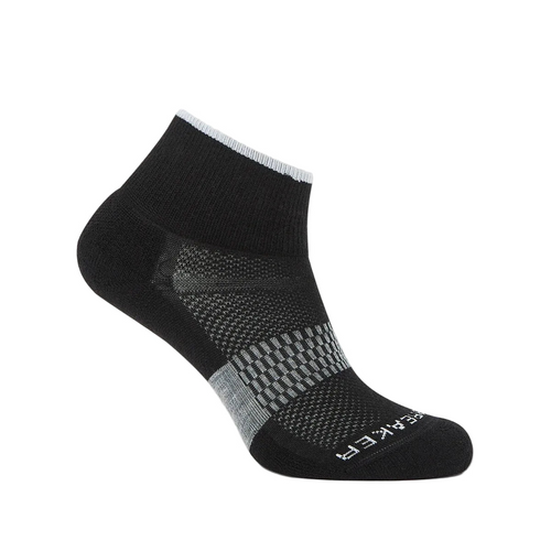 Icebreaker Women's Merino Wool Black sock with gray ribbing in the middle with ventilated fabric on top and icebreaker written across the top of the toe. 