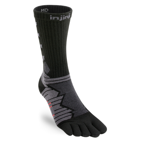 Injinji Ultra Run Black and gray five-toe sock on a white background