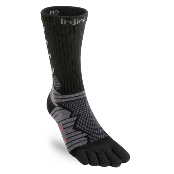 Injinji Ultra Run Black and gray five-toe sock on a white background