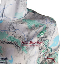 Map-patterned fabric with 'John Muir Trail' text and mountain design on a white background