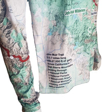 John Muir Trail Map Sun Hoodie showing a close up of JMT facts in the lower left corner of the shirt