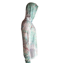 Right view of the JMT map printed on a sun hoddie on a white background. 
