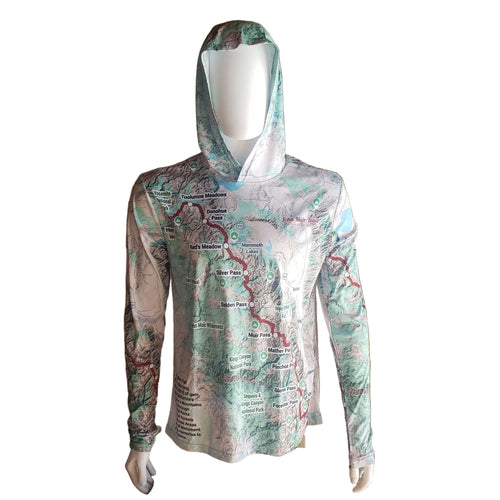 JMT map printed on sun hoodie with thumbholes on a white background