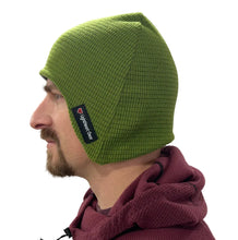 LightHeart Gear Microgrid Fleece Beanie in Green on a man's head with a white background