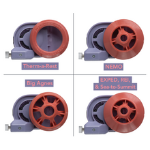 Alpenglow Gear Mat Inflator shown with 4 different inflator nozzles