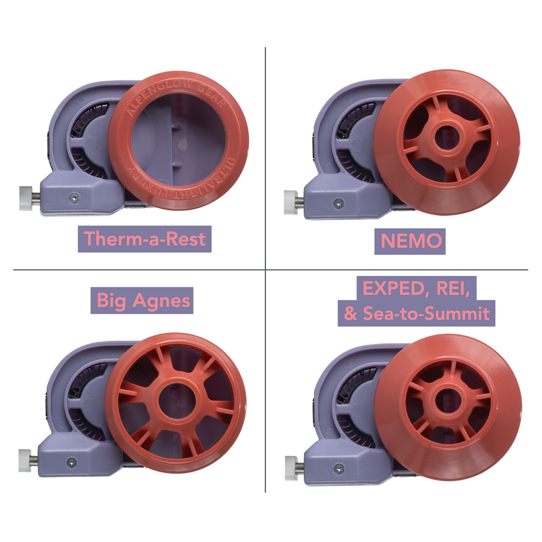 Alpenglow Gear Mat Inflator shown with 4 different inflator nozzles