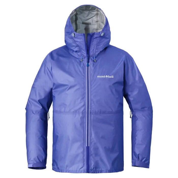 Montbell Women's Versalite Rain jacket in Blue with pit zips, cinch able hood, and adjustable wrists. 