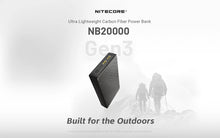 Nitecore Ultra Lightweight Carbon Fiber Power Bank NB20000 with 2 USB-C ports on a white background with 'Built for the Outdoors' text.